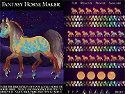 Fantasy Horse Maker game screenshot showing a highly customized horse with a unique coat pattern and colorful mane on an outdoor background