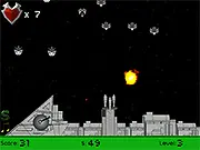 Spatial Defense free online space shooter game screen showing a ship defending itself against multiple enemy vessels with upgraded weapons.