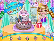Screenshot of Marlee's Birthday Cake Party game showing a beautifully decorated party room with balloons, a banner, and a tiered birthday cake on a table