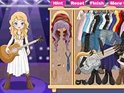 Playing Little Musician Girl free online dress up game, styling a cartoon girl with a glittery dress and musical accessories