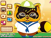 Cute Raccoon Dress Up online game screenshot - A raccoon model wearing a funny hat and oversized glasses.