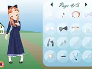 Screenshot of the Farmer Girl Dress Up game showing a happy female character standing in a field with various country-style dresses and accessories laid out for selection.