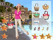 Screenshot of Island Girl Dress Up game showing a girl model in a colorful floral sarong and bikini top with tropical flowers in her hair
