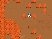 Screenshot of MarsQuest free online game showing a character mining with a pickaxe, surrounded by red Martian rocks and minerals.