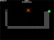 Screenshot of Star Bridger puzzle game, showing a character building a bridge between two planets in space, avoiding a red star.