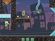Screenshot of Cut the Zombies physics puzzle game online, showing a laser beam cutting a rope to make a weight crush a green zombie.