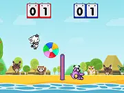 Screenshot of Fautopia Volley Ball game online, showing two cute monster characters playing volleyball on a sandy court.