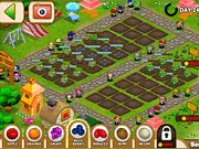 Screenshot of Harvest Tycoon farm management game online, showing a colorful farm with fruit trees, fields, and decorations.
