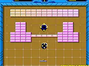 A dynamic screenshot of the Flash Pop and Bounce game interface, showing a paddle at the bottom, a bouncing ball, and various colorful power-up and penalty icons dropping from the top.
