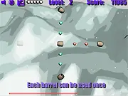 Screenshot of GemBarrels Online, showing the player's ball mid-air between two rotating barrels, aiming to collect a cluster of gems.