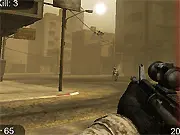Screenshot of the Battlefield 2 Flash online game showing the crosshair targeting an enemy soldier hidden behind sandbags in a war zone.