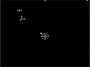 Screenshot of the SpaceWars game interface showing a player's spaceship battling numerous small enemy turrets in a dark space environment
