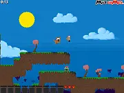A retro pixel art screenshot of Robot and Puppy navigating the hostile Happy Ice Cream Planet, dodging bombs and enemies.