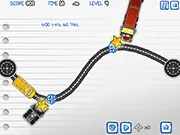 School bus driving on a modified road attempting to collect stars while avoiding large trucks in the School Bus Transit puzzle game
