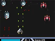 Quasi-Blaster online game screenshot showing a player's spaceship firing lasers at enemy alien fighters in a vertical shoot 'em up.