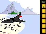 Island Escape GH online game screenshot showing a crashed plane on a tropical beach with jungle and palm trees, point-and-click adventure.
