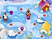 Screenshot from Kids Zoo Pole game, showing a child character caring for cute, cartoon Arctic and Northern Pole animals in a snowy zoo exhibit.