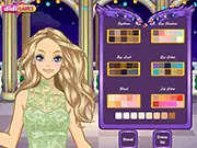 Screenshot from Summer Night Prom dress up game, showing a young girl, Mila, trying on various elegant dresses and applying makeup.