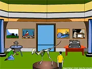 Screenshot of Museum Escape online game showing a messy museum gallery with broken art and scattered items, point-and-click puzzle.