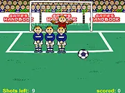 Screenshot of Goal Shoot soccer game showing the ball being aimed toward a goal defended by a goalkeeper and a wall of animated players
