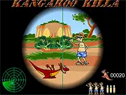 Screenshot of Outback Hunting game showing a first-person view through a rifle scope aimed at a kangaroo in a dry, grassy Australian outback environment