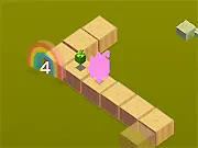 Woodland Way free online game key art showing a cute animal character hopping across a narrow, winding path above the clouds, with delicious treats floating nearby.