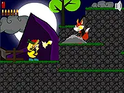 Chicks With Guns online game screenshot showing a female character with a gun jumping across platforms while shooting enemies.