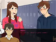 Screenshot of Accidental Encounters Dating Sim DEMO, showing the main character Wirt bumping into a cute brunet in a high school hallway.
