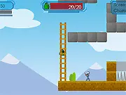 Super Goo game screenshot showing a gooey, blob-like character shooting a futuristic gun at a group of cartoon-style enemy robots in a factory setting