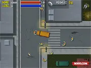 Hell Bus game screenshot showing a large armored bus driving through zombies in an apocalyptic setting with a fuel gauge visible