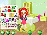 Free online game image showing a fashionable girl in her bedroom modeling a fancy dress and hairstyle in Bedroom Fashion