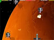 The manned Soyuz spacecraft firing a laser at an asteroid in the orbit of a planet in the Journey to Mars online game