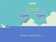 Tropic Ski free online game, showing a character on a jet ski diving into the tropical ocean for a high jump