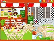 Coffee Shop Decor online game screenshot showing an interior design interface for arranging tables, chairs, and coffee machines in a cafe.