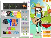 Summer Night Camp Dress-Up online game screenshot showing a girl in stylish camping clothes with a forest background, fashion and styling game.