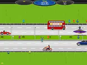 Screenshot of Highway to Bunny Heaven online game, showing an Easter Bunny dodging obstacles on a road