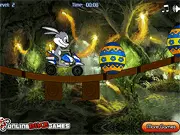 Screenshot of the Easter Bunny riding a bike or vehicle downhill while collecting colorful Easter eggs.
