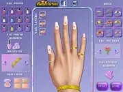 Screenshot of Princess Belle Nails Makeover game showing a close-up of beautifully decorated nails and rings.