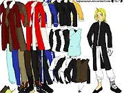 Screenshot of the Edward Elric Dress Up game showing the character in his classic red coat and black pants, ready for customization.