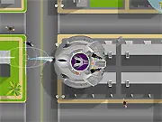 Top-down view of the Destroy All Humans free online game showing a flying saucer abducting a human with a tractor beam over a busy city street.