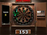 Pub Darts 501 free online game screenshot showing a dartboard with a close-up of the bullseye and the score counter on PlayArcadeHub