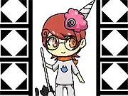 Screenshot of the Dressstuck game showing a customizable Homestuck character, possibly a troll, wearing a variety of comic-inspired clothing options