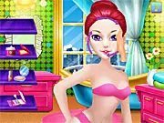 Screenshot of the Cute Superheroine Makeover game showing the hero in a new costume with fresh makeup