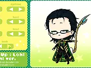 Dress Up: Loki Mini Ver game screenshot showing the adorable Chibi version of Loki wearing a customized outfit with a green cape and gold helmet.