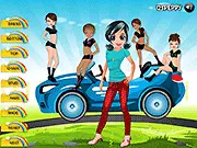 Screenshot from the Journey Girl Dress Up online game showing a styled female character in a travel-themed outfit, ready for a car journey.