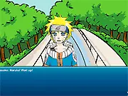 SasuNaru Dating Sim game screen showing Naruto and Sasuke, possibly in a stylized fan-art illustration, with dialogue options underneath.