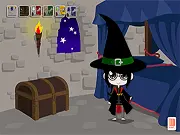 Gameplay screenshot of Witch Boy Dressup showing a cute cartoon-style boy in wizard attire, standing next to a menu of magical clothing options like robes, hats, and wands. Play this free fantasy dress-up game online.