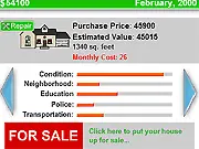 The title screen of the free online business management game Real Estate Mogul! showing houses and money