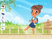Little School Girl Dress Up game screenshot showing a young student in a customizable school uniform with various clothes options visible