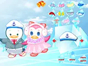 Play Penguin Family Dressup free online game, a cute penguin wearing a scarf and hat in the snow.
